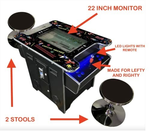 Retro arcade table with two stools, featuring a 22-inch monitor, LED lights, and controls for both hands.