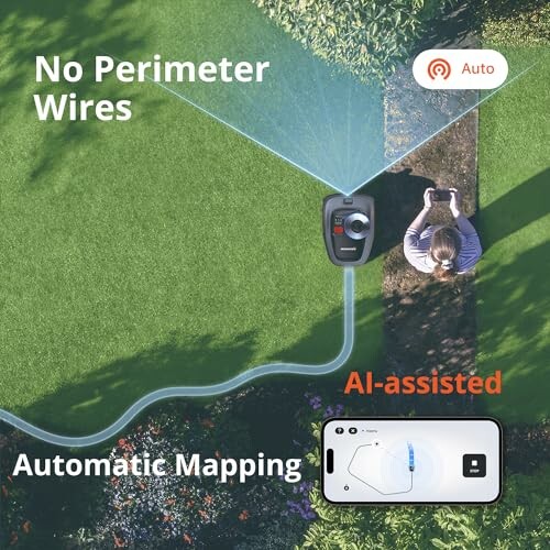 AI-assisted robot lawn mower with automatic mapping feature on grass.