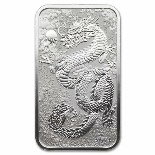 Rectangular silver bar with engraved dragon design.