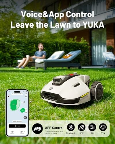Smart lawn mower with app control on grass, person relaxing in background.