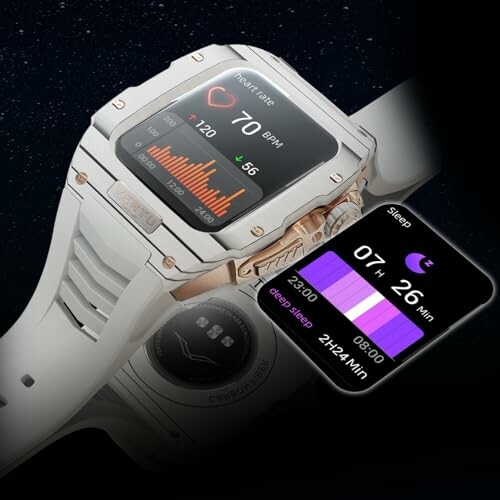 Smartwatch displaying heart rate and sleep tracking data.