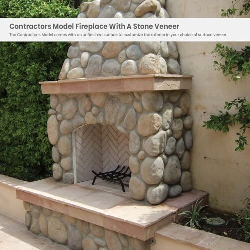 Outdoor stone veneer fireplace with greenery.