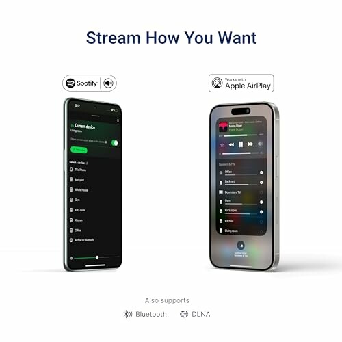 Two smartphones displaying music streaming options with Spotify and Apple AirPlay logos.