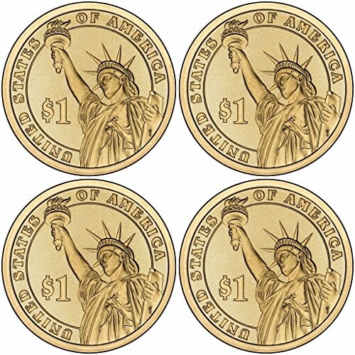 Four US one dollar coins featuring the Statue of Liberty.