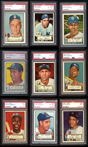 A collection of nine graded vintage baseball cards in protective cases.