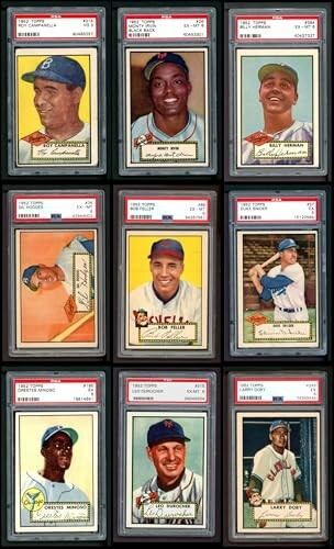 Nine vintage baseball cards displayed in protective cases.