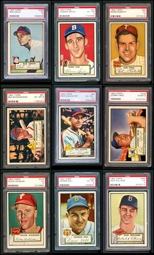 Grid of nine vintage baseball cards in protective cases.